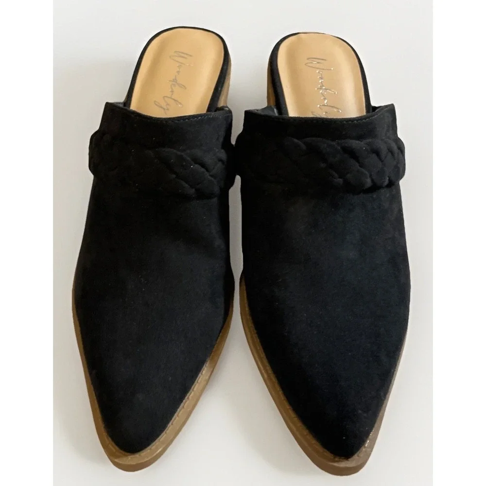 Wonderly Black Faux Suede Lasso Heeled Mules Women's 7.5  M Southwestern Braided - Picture 2 of 10